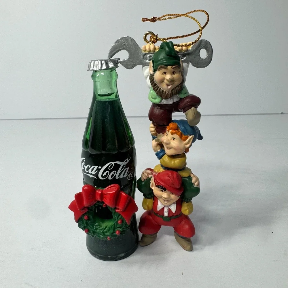 Vintage 1994 Coca-Cola Elves Opening Bottle Christmas Ornament Resin 3.75 Inch